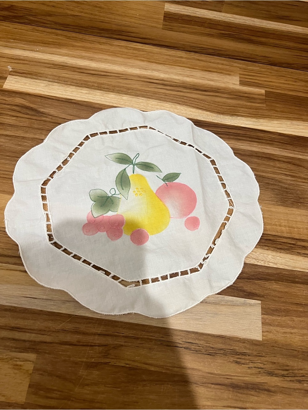 Vintage Fruit Embroidered Round Linen Doily - Yellow & Pink Fruit Motif